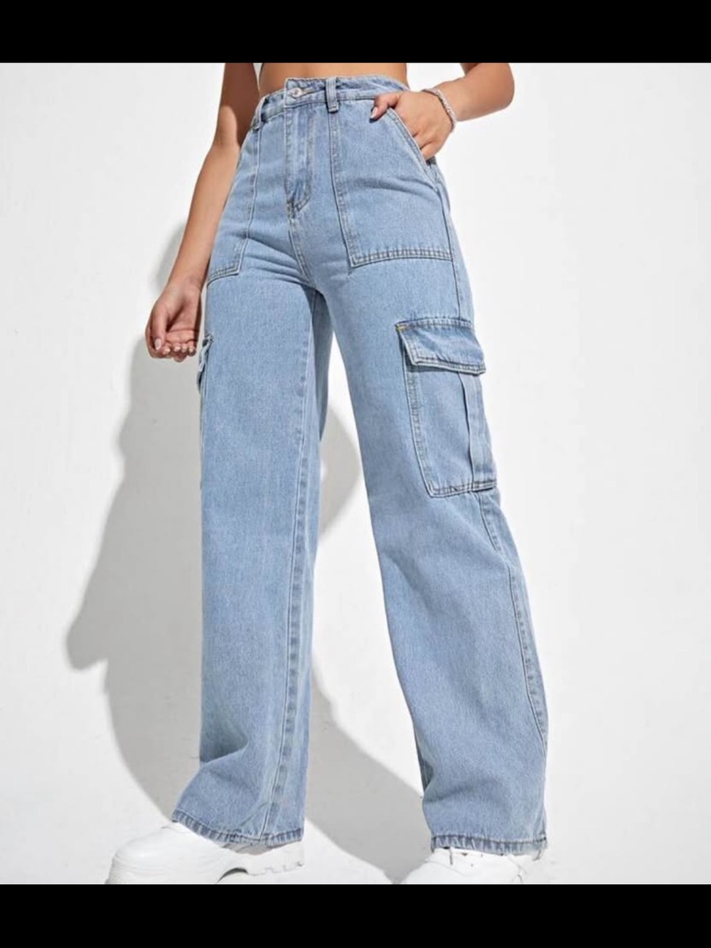 Light Blue Wide-Leg Cargo Jeans for Women